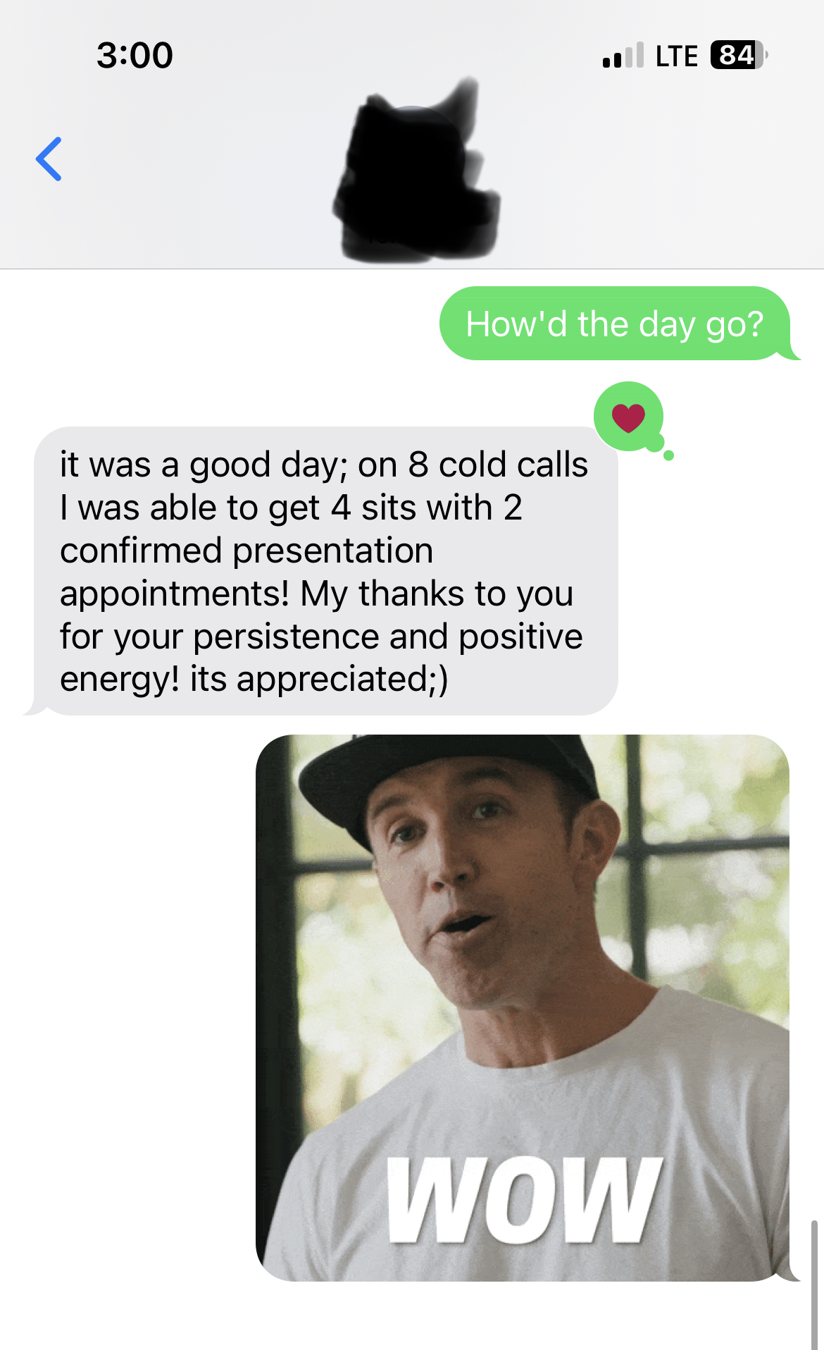 Sales rep texts Derek: 8 cold calls, 4 sits, 2 confirmed presentation appointments
