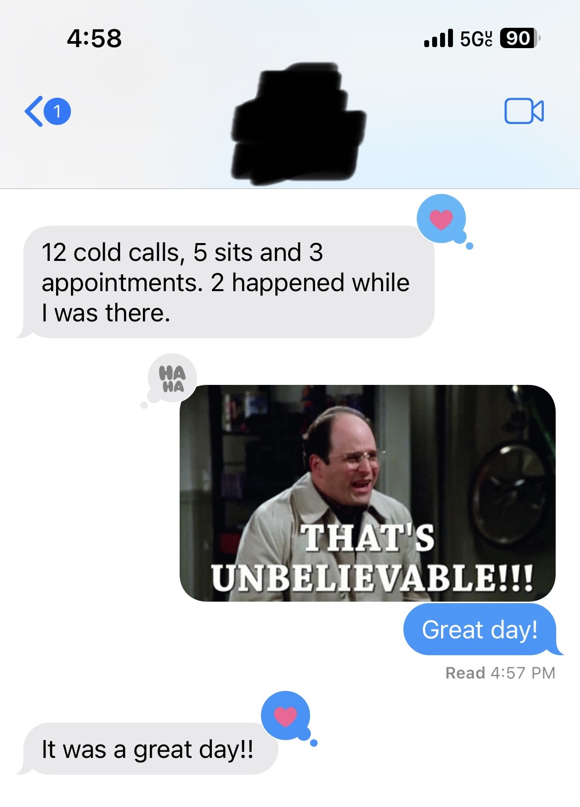 Sales rep texts Derek: 12 cold calls, 5 sits, 3 appointments — 2 happened on the spot