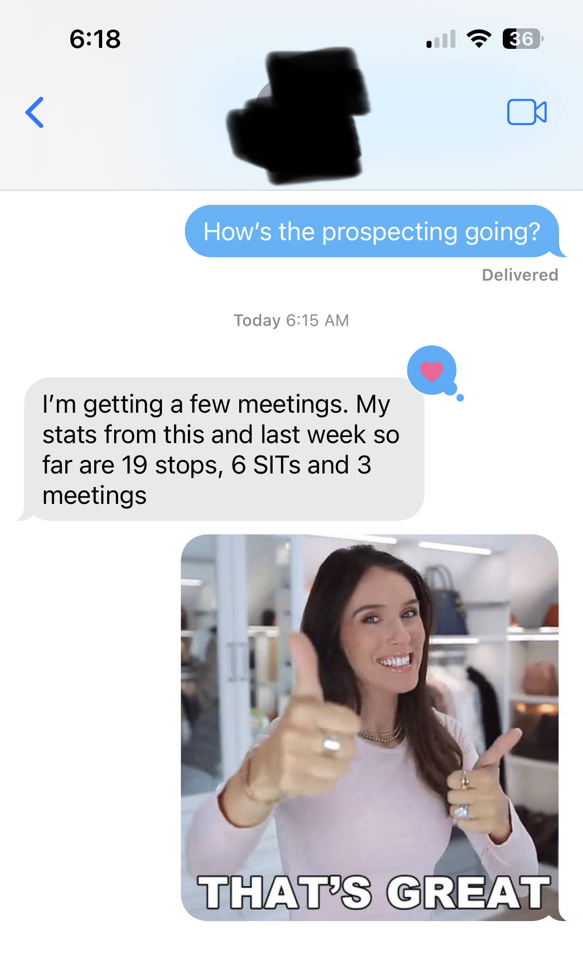 Sales rep texts Derek: 19 stops, 6 sits, 3 meetings across two weeks