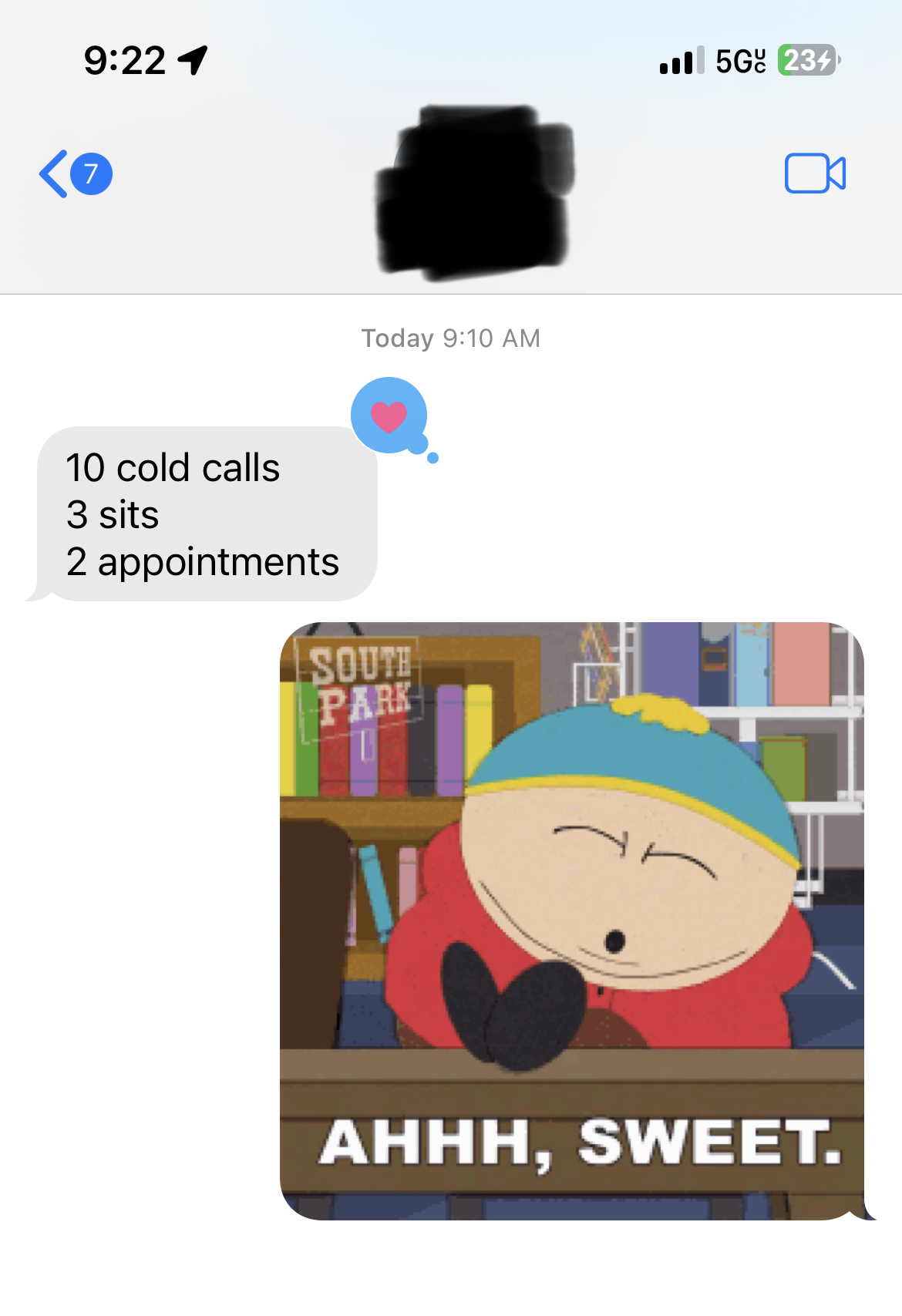 Sales rep texts Derek: 10 cold calls, 3 sits, 2 appointments