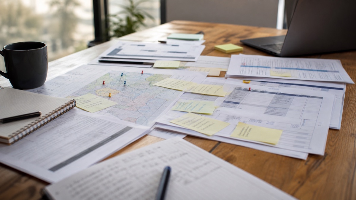 Realistic sales account review desk with territory map and planning notes - Modern Sales Training