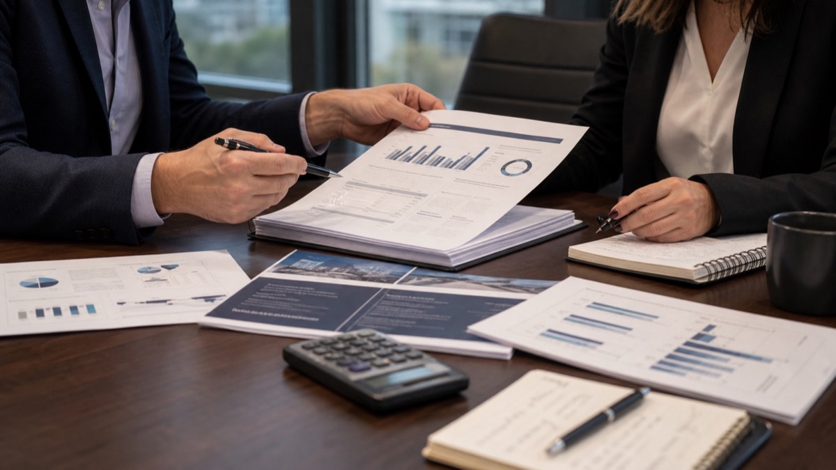Realistic business meeting reviewing reports and sales credibility data - Modern Sales Training