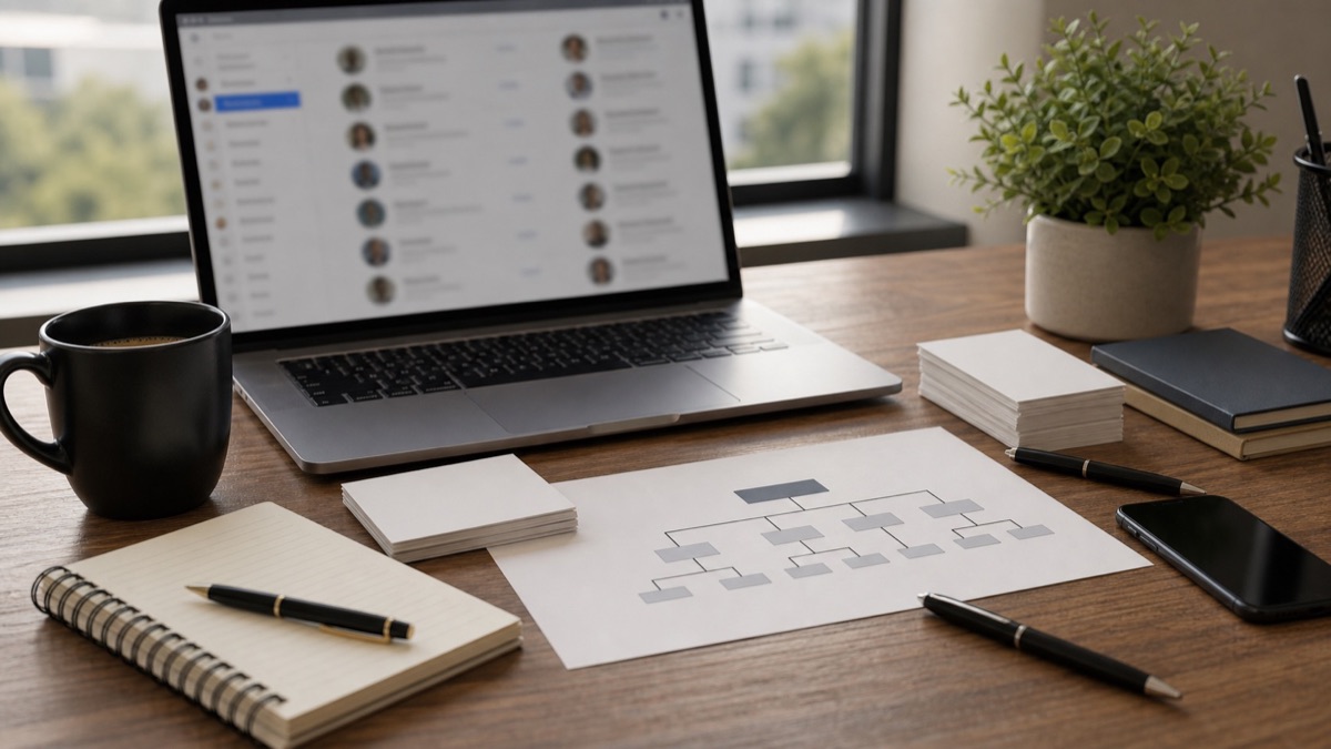 Realistic decision maker mapping desk with blurred professional networking screen - Modern Sales Training