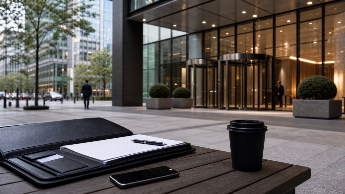 Realistic enterprise account approach with sales notebook and office entrance - Modern Sales Training