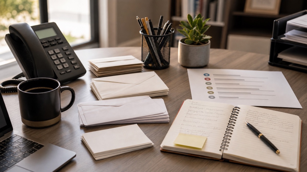 Realistic prospecting sequence desk with phone envelopes and outreach notes - Modern Sales Training