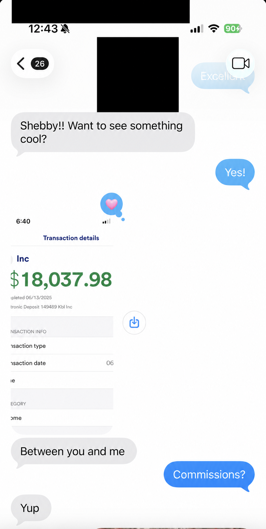 Message about an $18,037.98 commission deposit