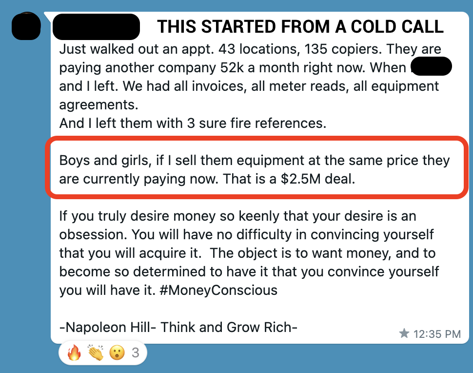 Message beginning This started from a cold call about a potential $2.5 million deal