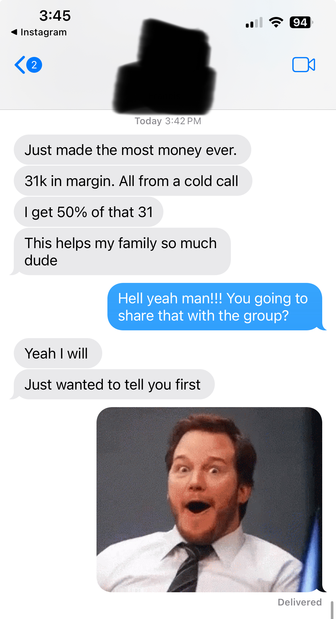 Message about earning 50 percent of $31,000 in margin from a cold call