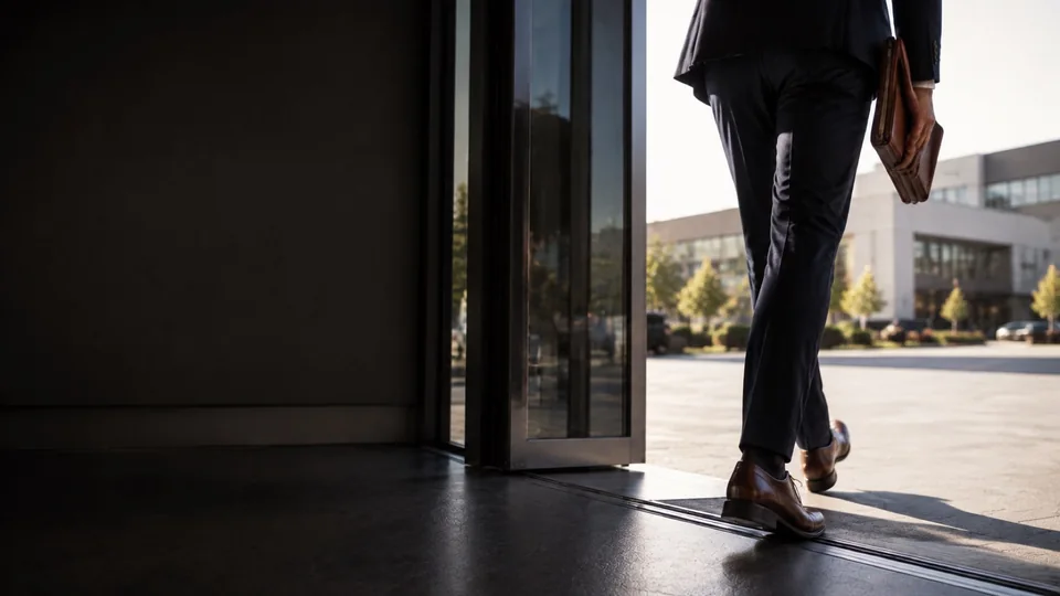 Salesperson carrying a portfolio at a business entrance
