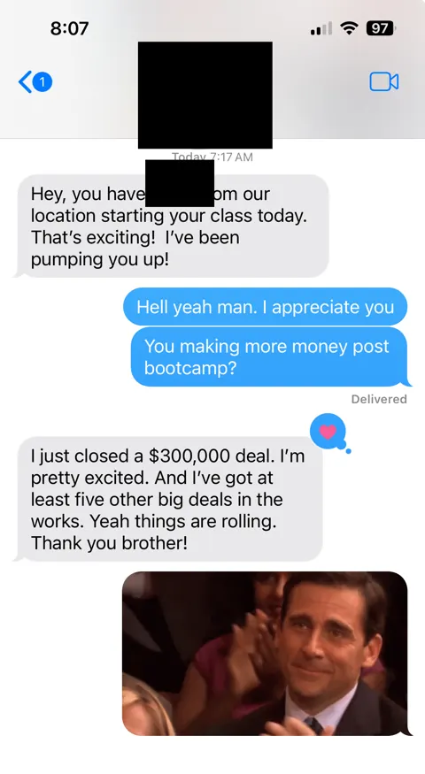 Anonymized customer message: A $300,000 deal closed after bootcamp