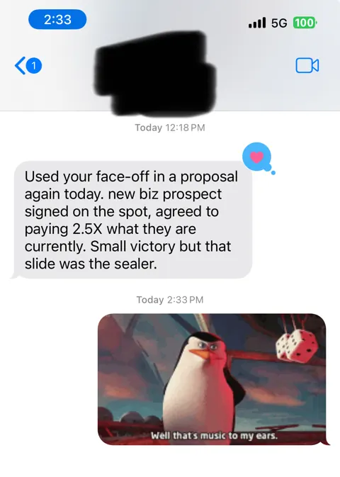 Anonymized customer message: Signed on the spot at 2.5× current spend