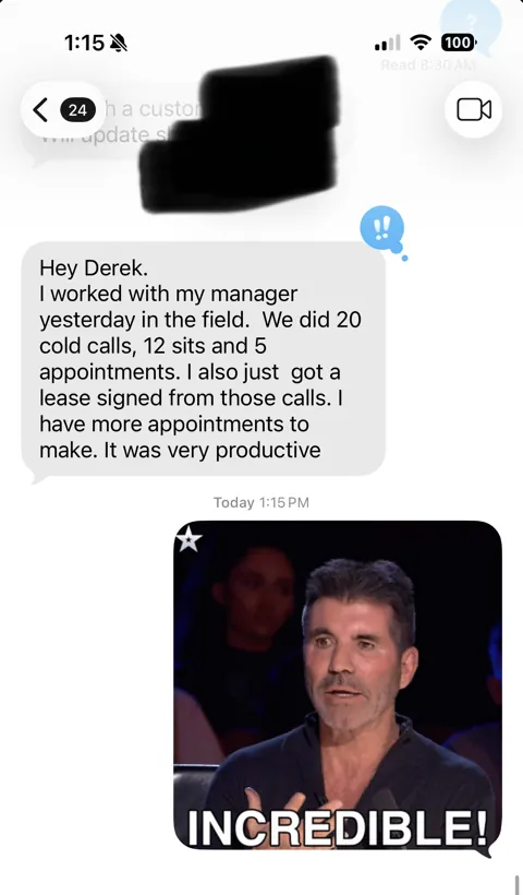 Anonymized customer message: 20 cold calls. 5 appointments. A signed lease.