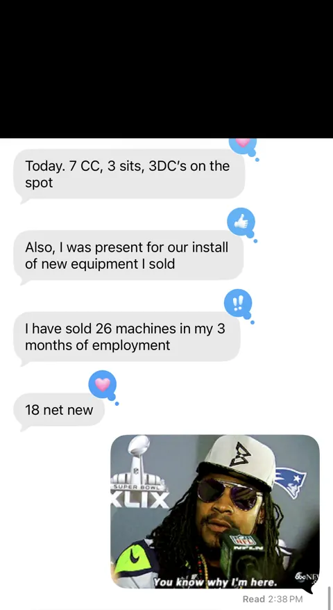 Anonymized customer message: 26 machines sold in three months. 18 net new.