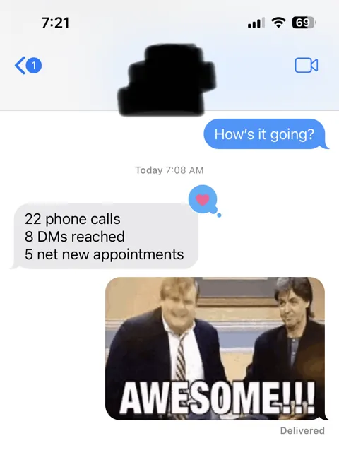 Anonymized customer message: 5 net-new appointments from 22 phone calls