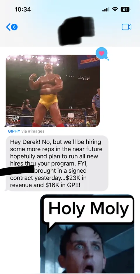 Anonymized customer message: A signed $23,000 deal with $16,000 gross profit