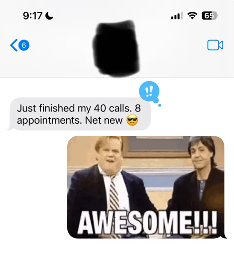 Anonymized customer message: 8 net-new appointments from 40 calls