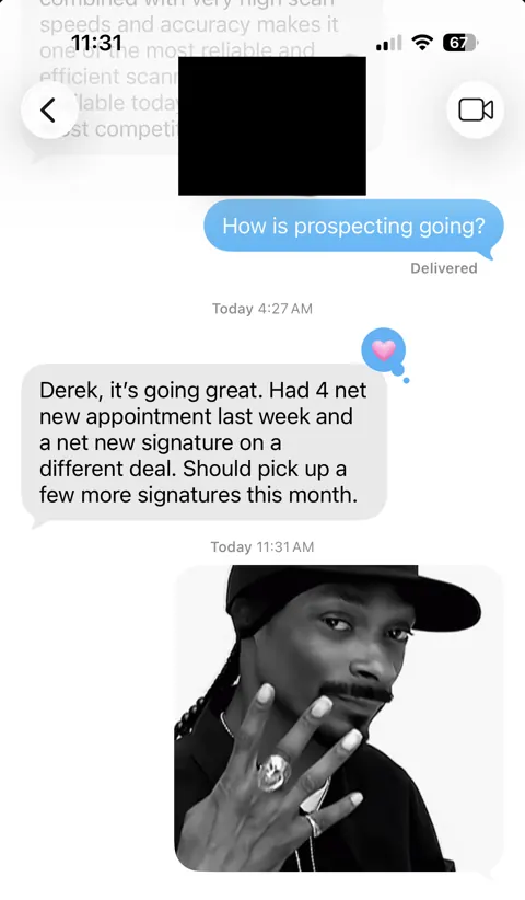 Anonymized customer message: Four net-new appointments and a separate signed deal.