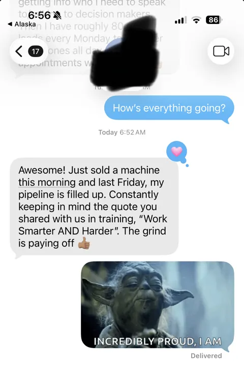 Anonymized customer message: Two machine sales, with training put into practice.