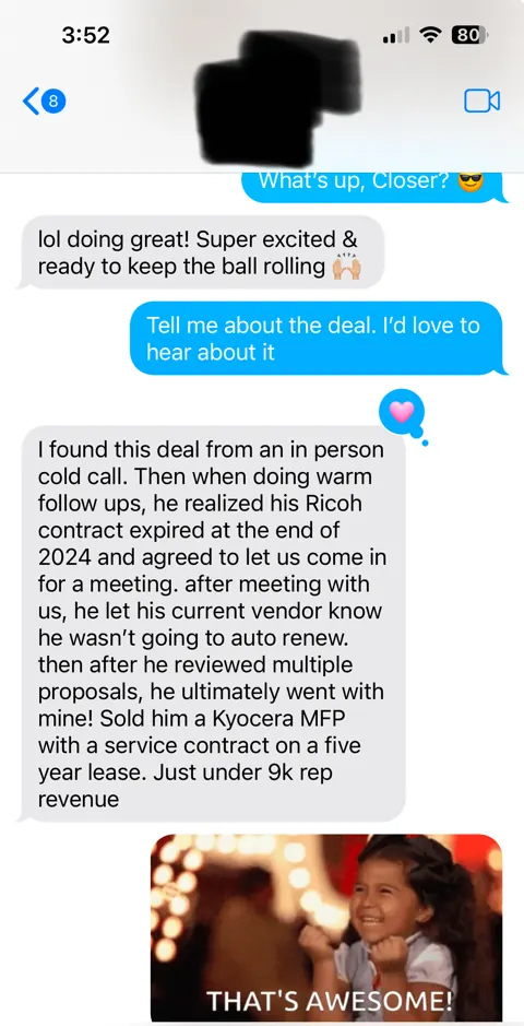 Anonymized customer message: From an in-person cold call to a five-year lease.