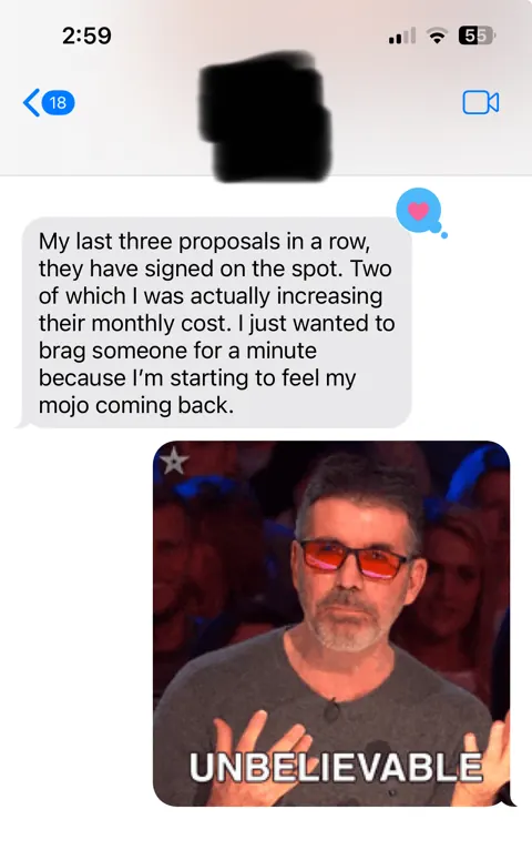 Anonymized customer message: Three proposals signed on the spot.