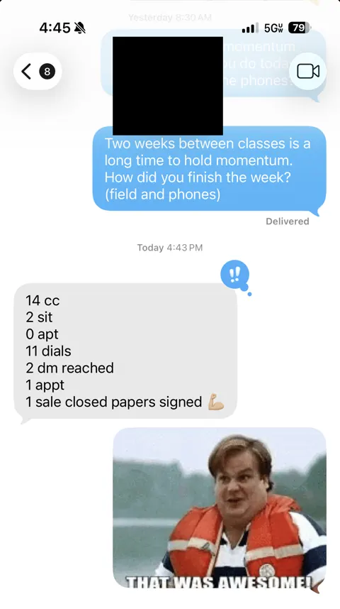Anonymized customer message: A signed sale and a phone appointment.