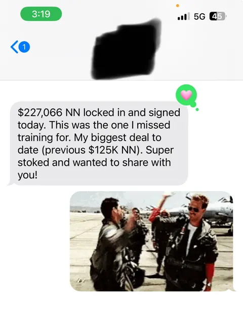 Anonymized customer message: $227,066 in net-new business signed.