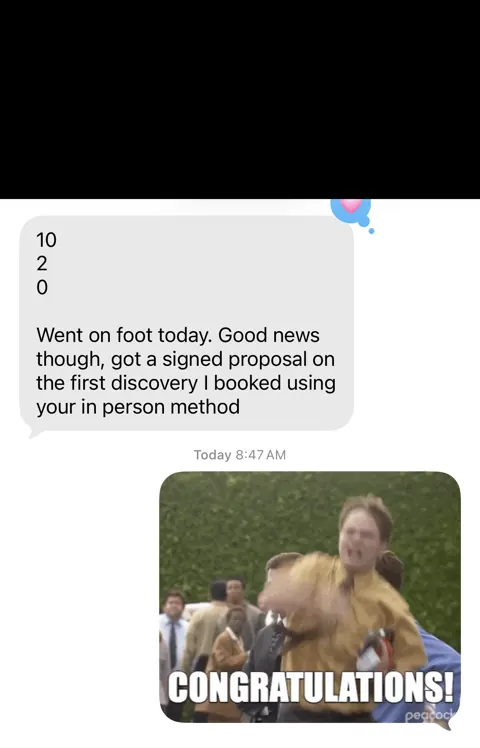 Anonymized customer message: A signed proposal from the in-person method