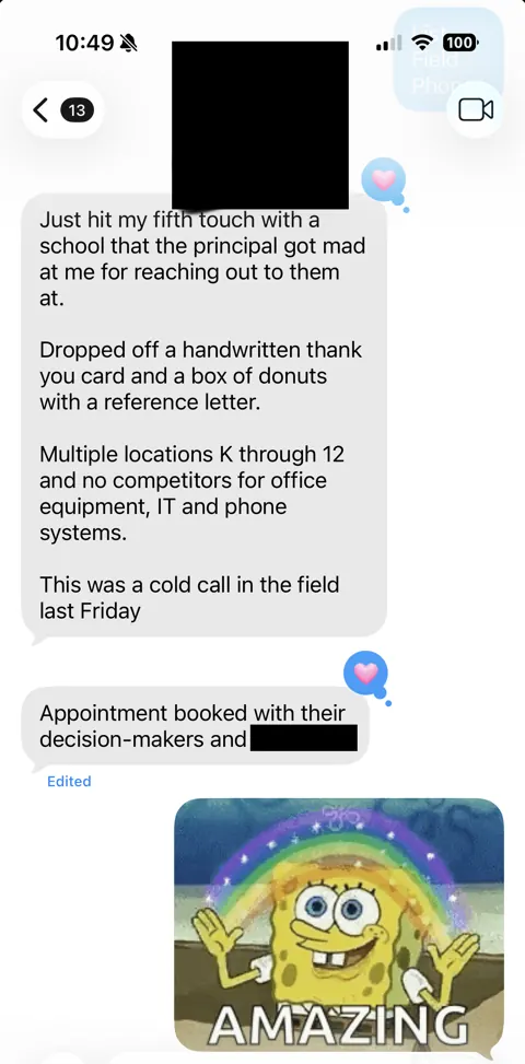 Anonymized customer message: A school appointment on the fifth touch.