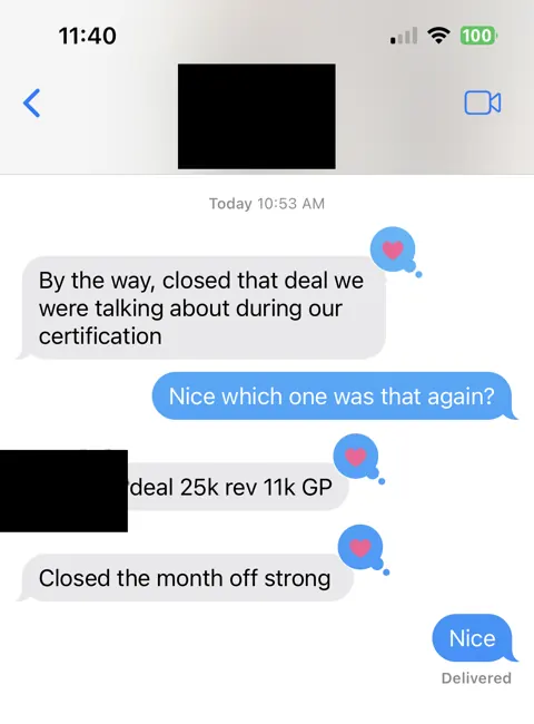 Anonymized customer message: $25,000 revenue. $11,000 gross profit.
