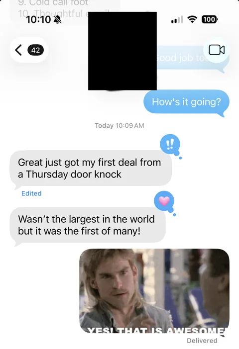 Anonymized customer message: A first deal from a door knock.