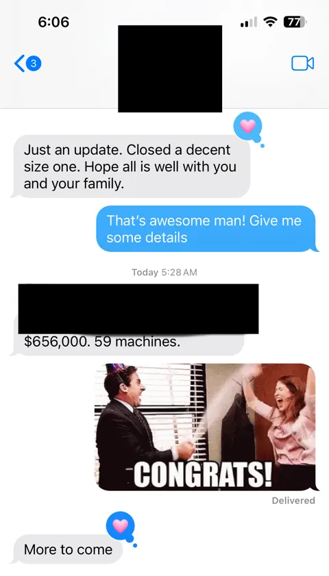 Anonymized customer message: A $656,000 deal for 59 machines