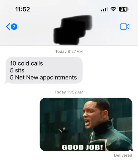Anonymized customer message: 5 net-new appointments from 10 cold calls
